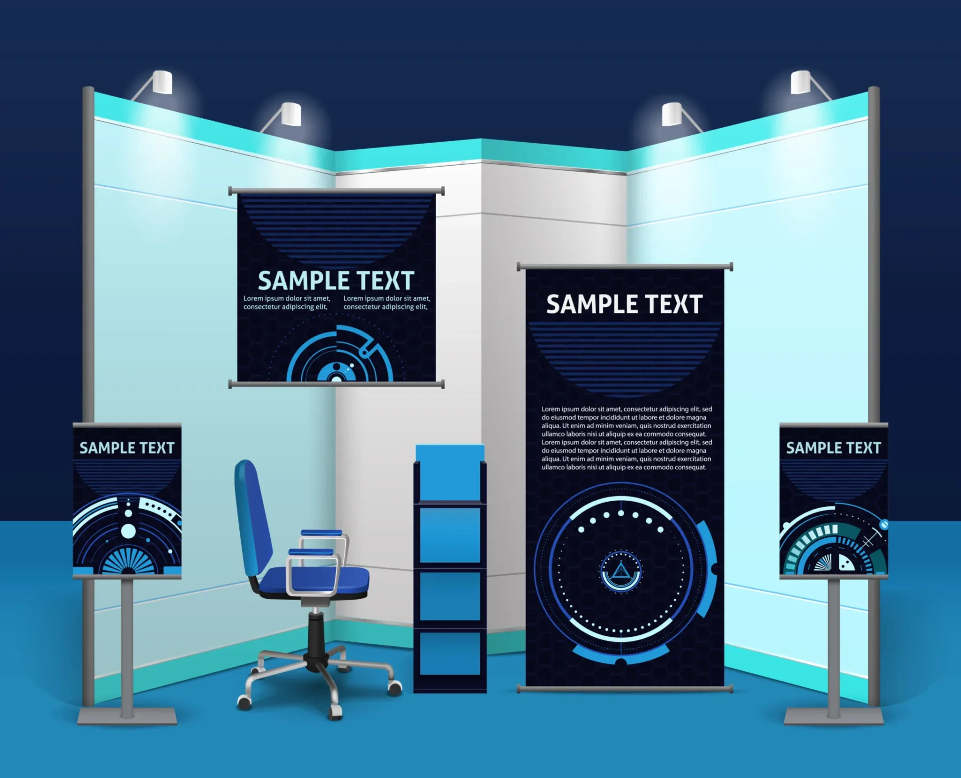 Exhibition booth with banners and chair display.