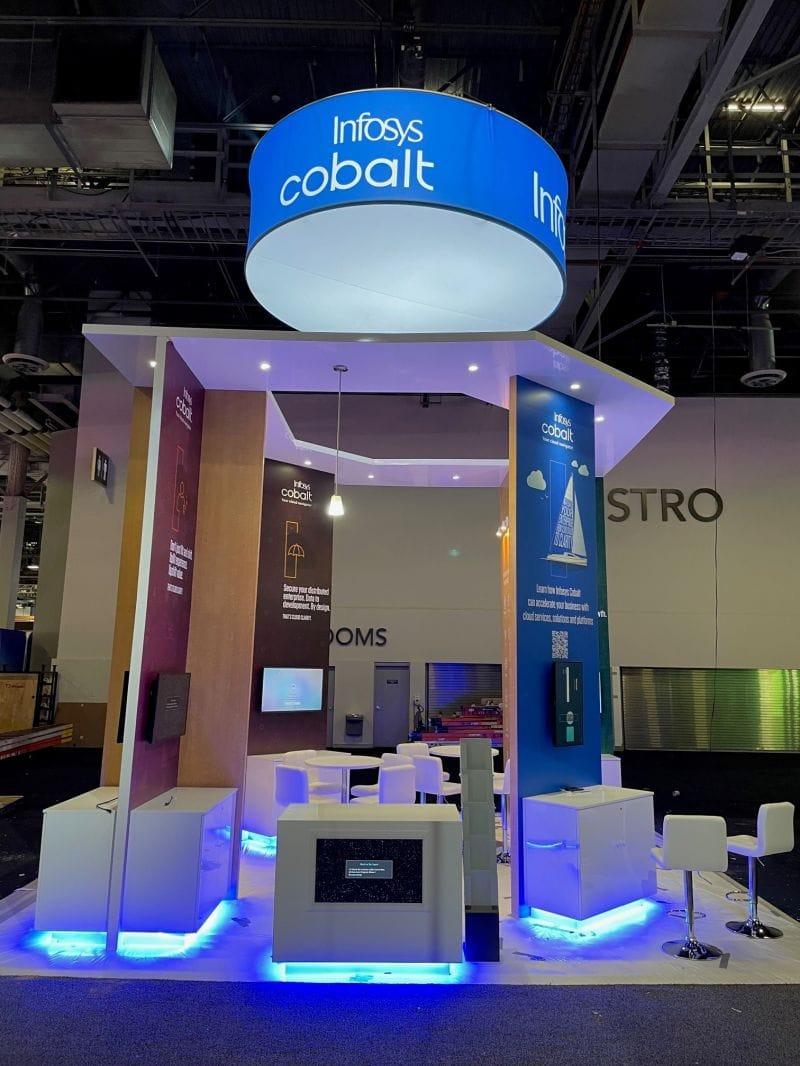 Infosys Cobalt trade show booth with blue lighting